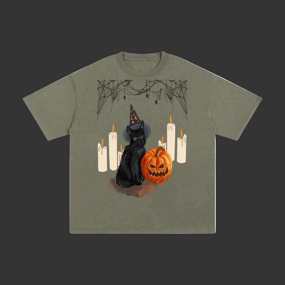 Black Cat Halloween T- Shirt Witchy Pumpkin Spooky